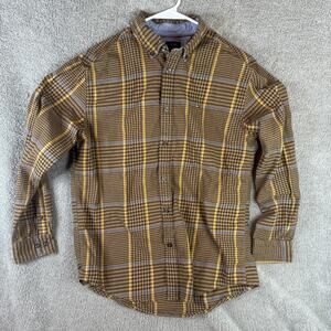Tommy Hilfiger Shirt Mens Large Brown Yellow Blue Plaid Classic Fit Button Down
